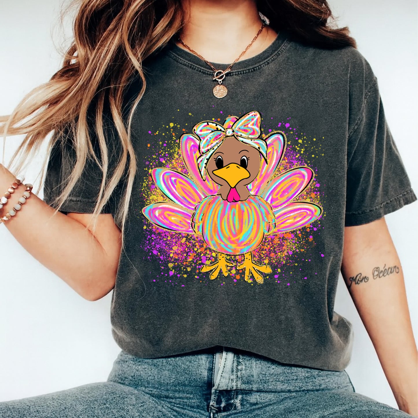 Thanksgiving Girly Bow Turkey Color Splash DTF Transfer – Ready to Press Iron On Heat Transfer for DIY Fall Shirts 12368