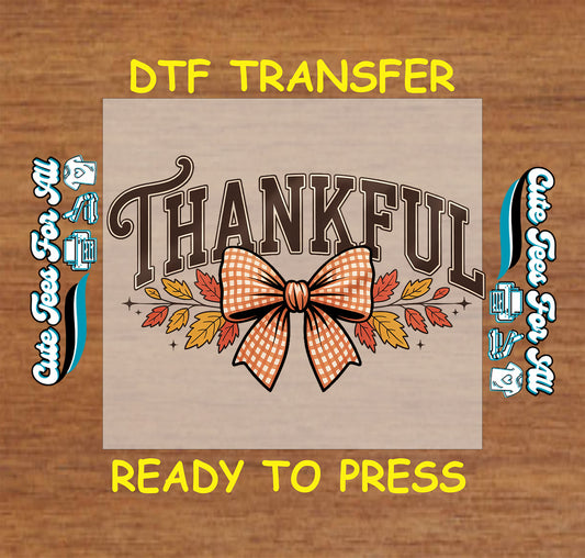 thankful bow fall leaves thanksgiving ready to press dtf transfer iron on heat transfer