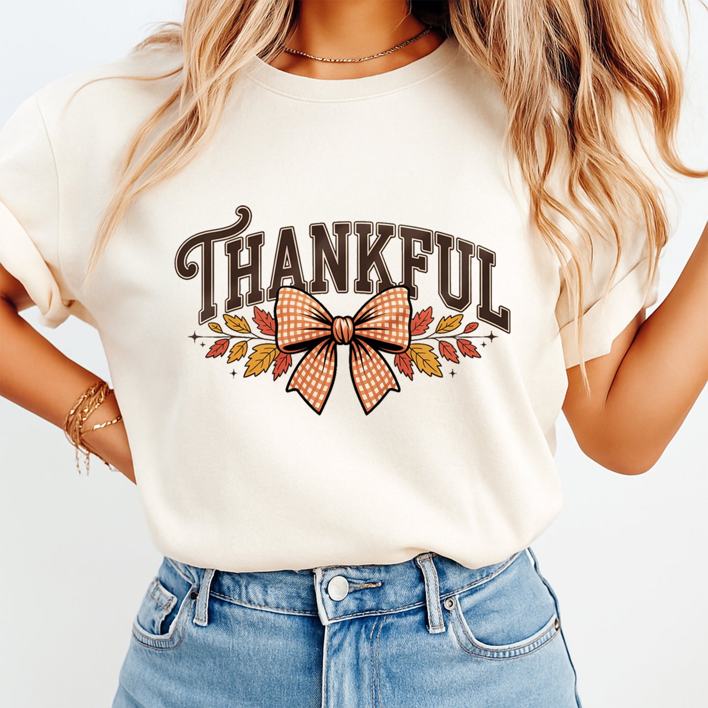 Thanksgiving Thankful Bow Fall Leaves DTF Transfer – Ready to Press Iron On Heat Transfer DIY Shirts 12371