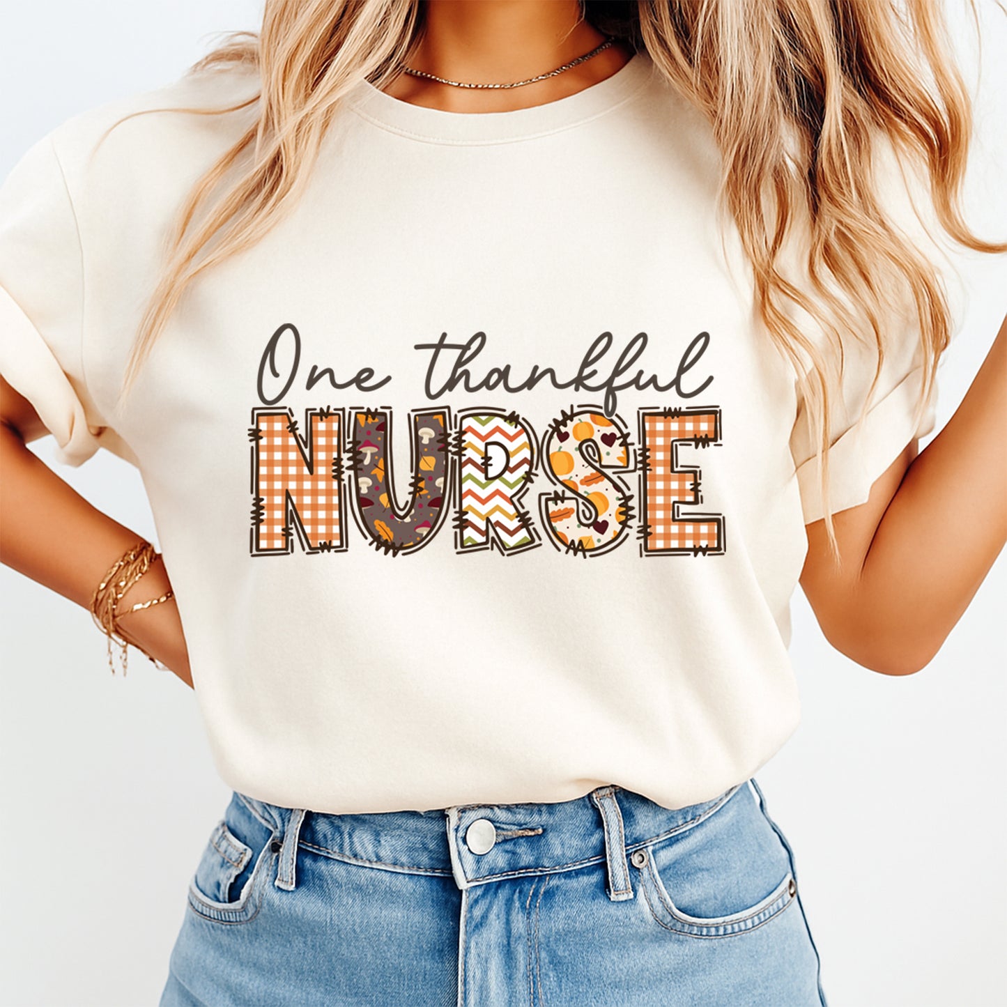 Thanksgiving One Thankful Nurse Fall Pattern DTF Transfer – Ready to Press Iron On Heat Transfer DIY Shirts 12372