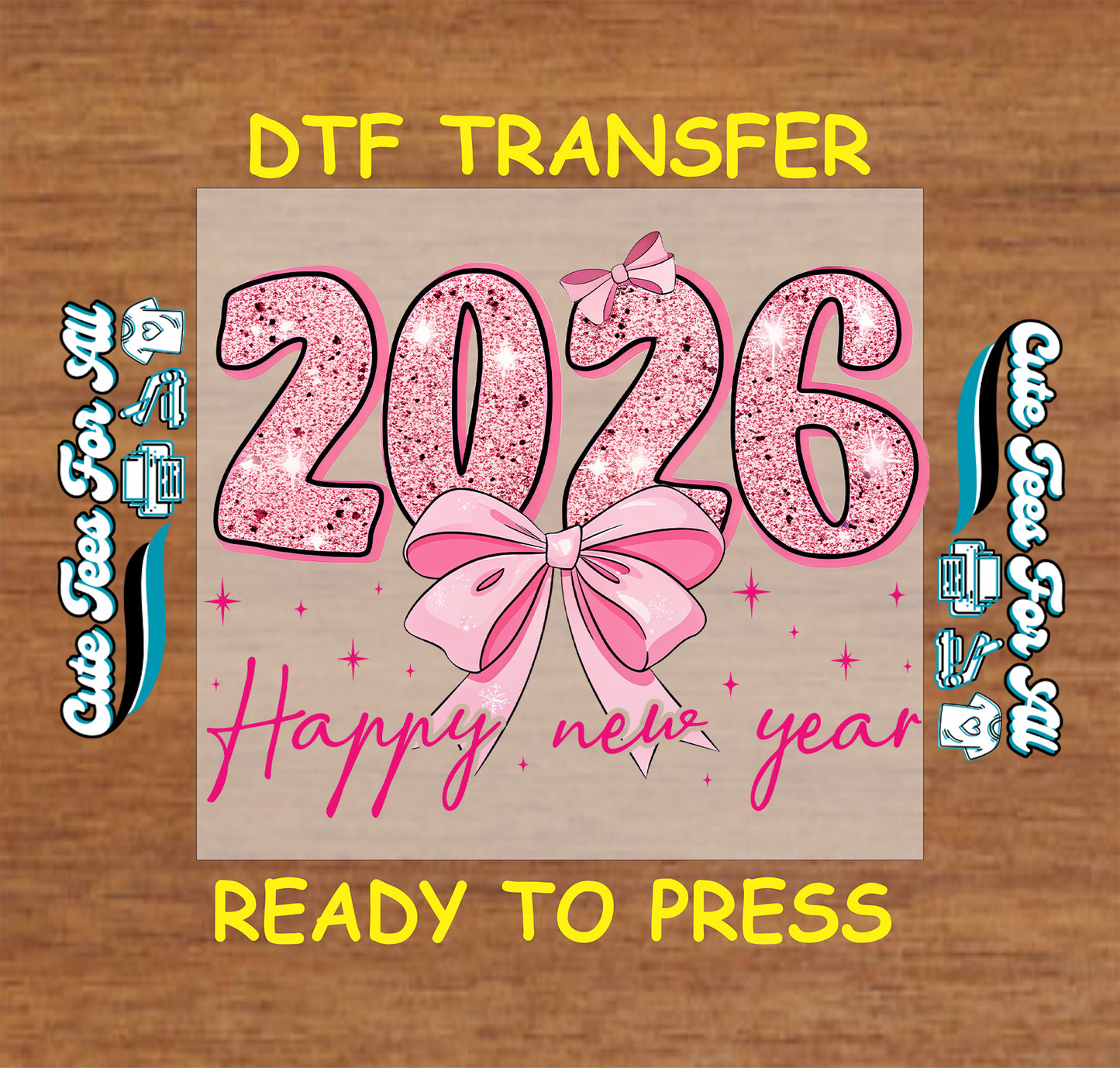 2026 pink glitter bow happy new year ready to press dtf transfer iron on heat transfer