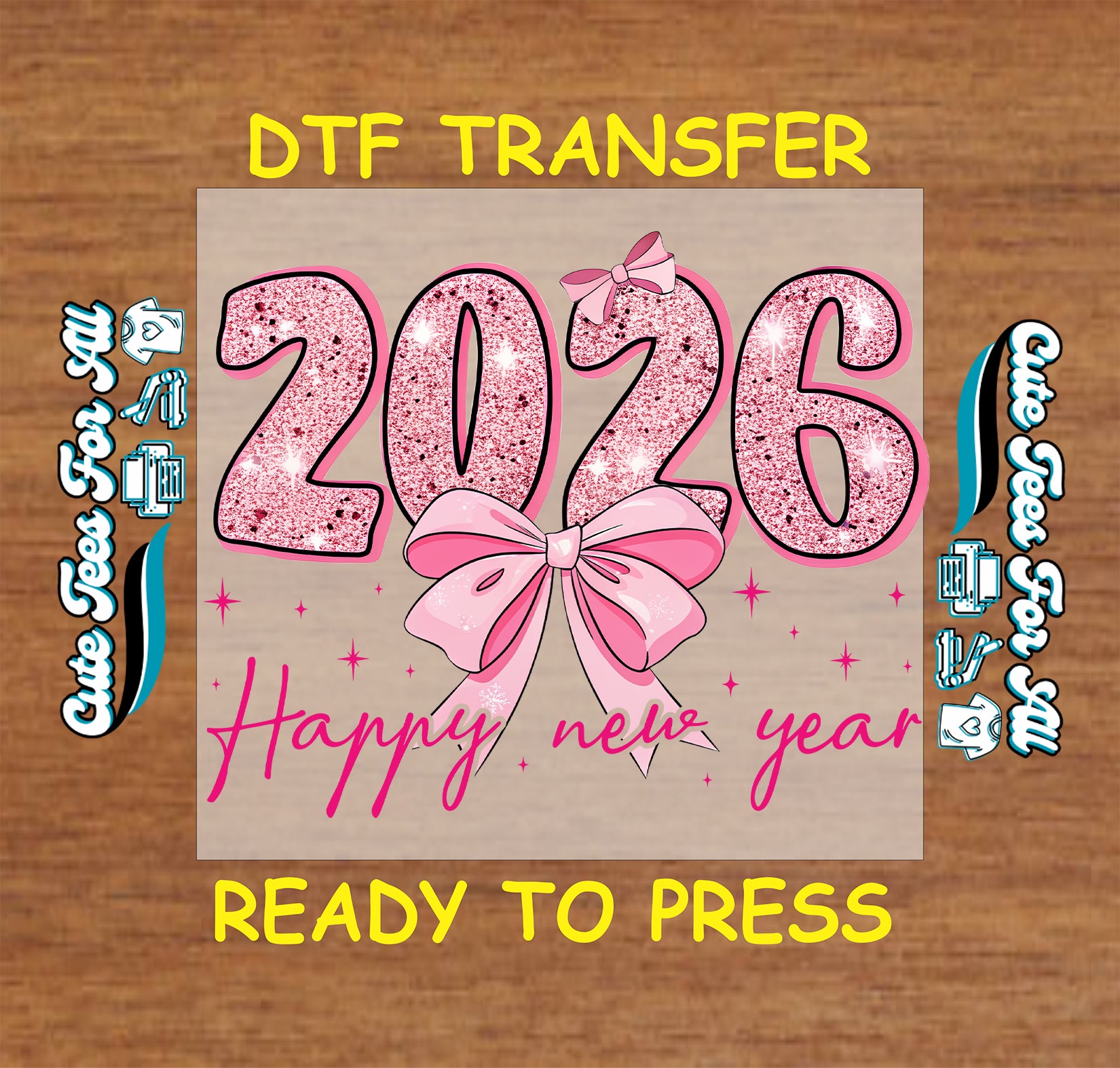 2026 pink glitter bow happy new year ready to press dtf transfer iron on heat transfer