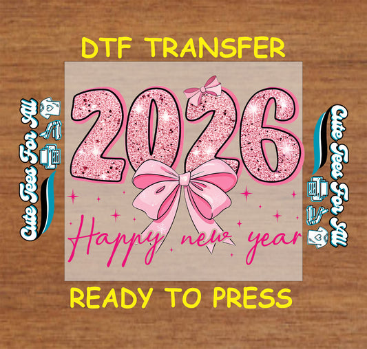 2026 pink glitter bow happy new year ready to press dtf transfer iron on heat transfer