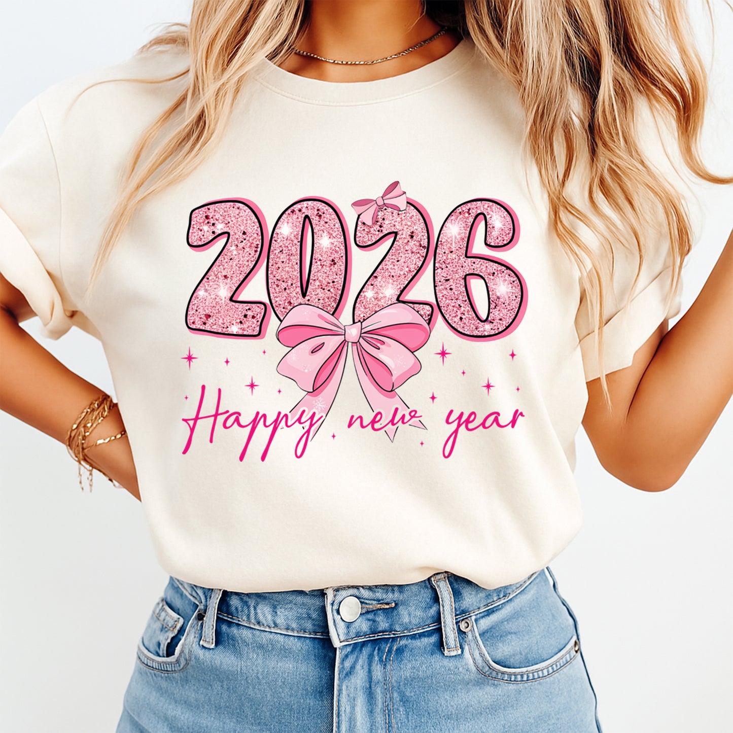 New Year 2026 Pink Glitter Bow Happy New Year DTF Transfer – Ready to Press Iron On Heat Transfer DIY Shirts 12373