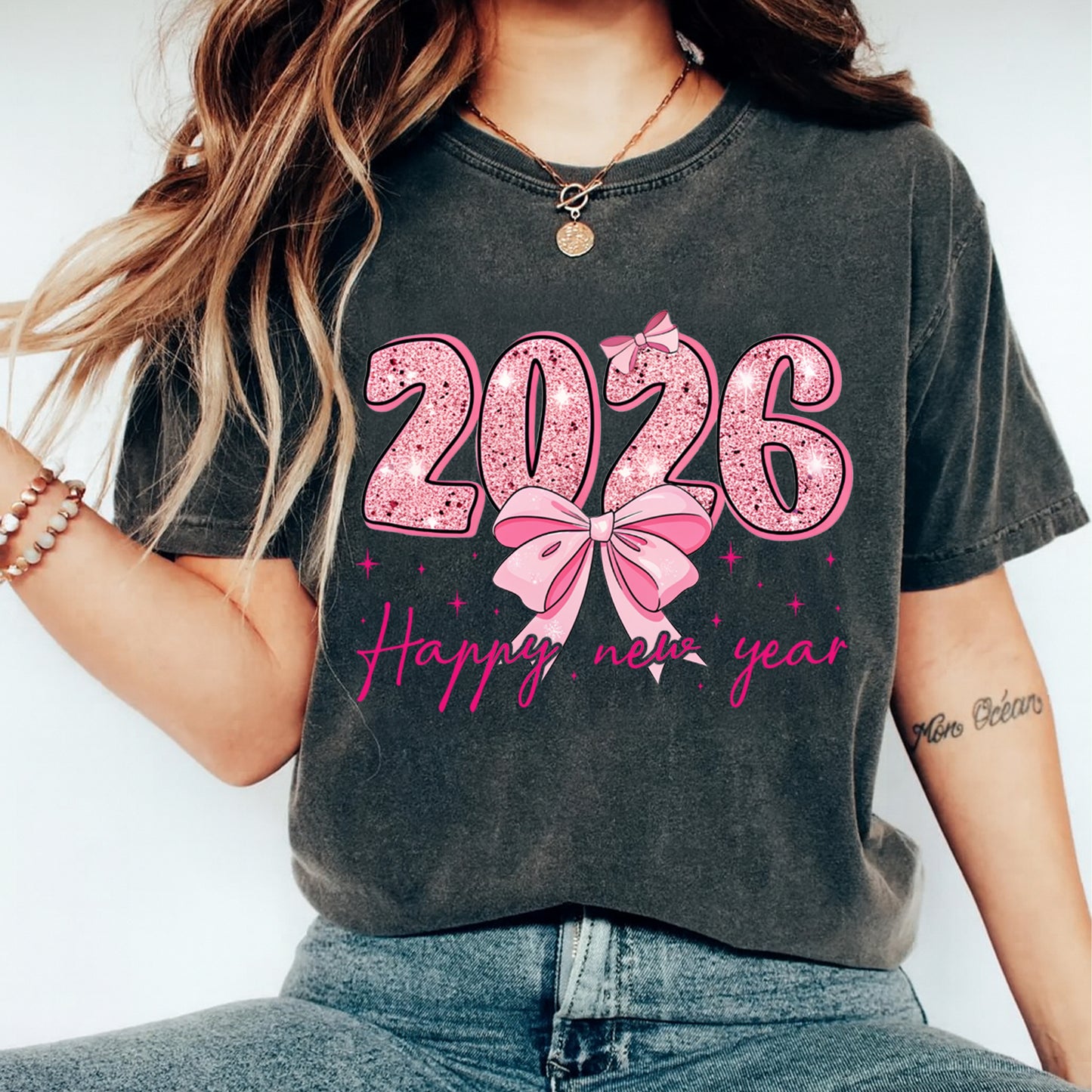 New Year 2026 Pink Glitter Bow Happy New Year DTF Transfer – Ready to Press Iron On Heat Transfer DIY Shirts 12373