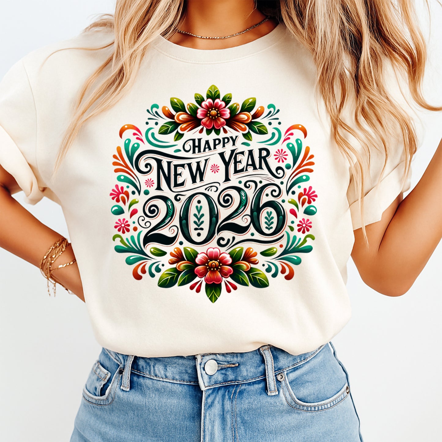 New Year DTF Transfer – Happy 2026 Floral Celebration Ready to Press Iron on Heat Transfer DIY New Year Shirts 12374