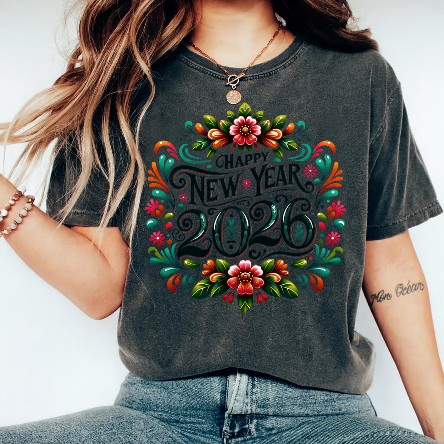 New Year DTF Transfer – Happy 2026 Floral Celebration Ready to Press Iron on Heat Transfer DIY New Year Shirts 12374