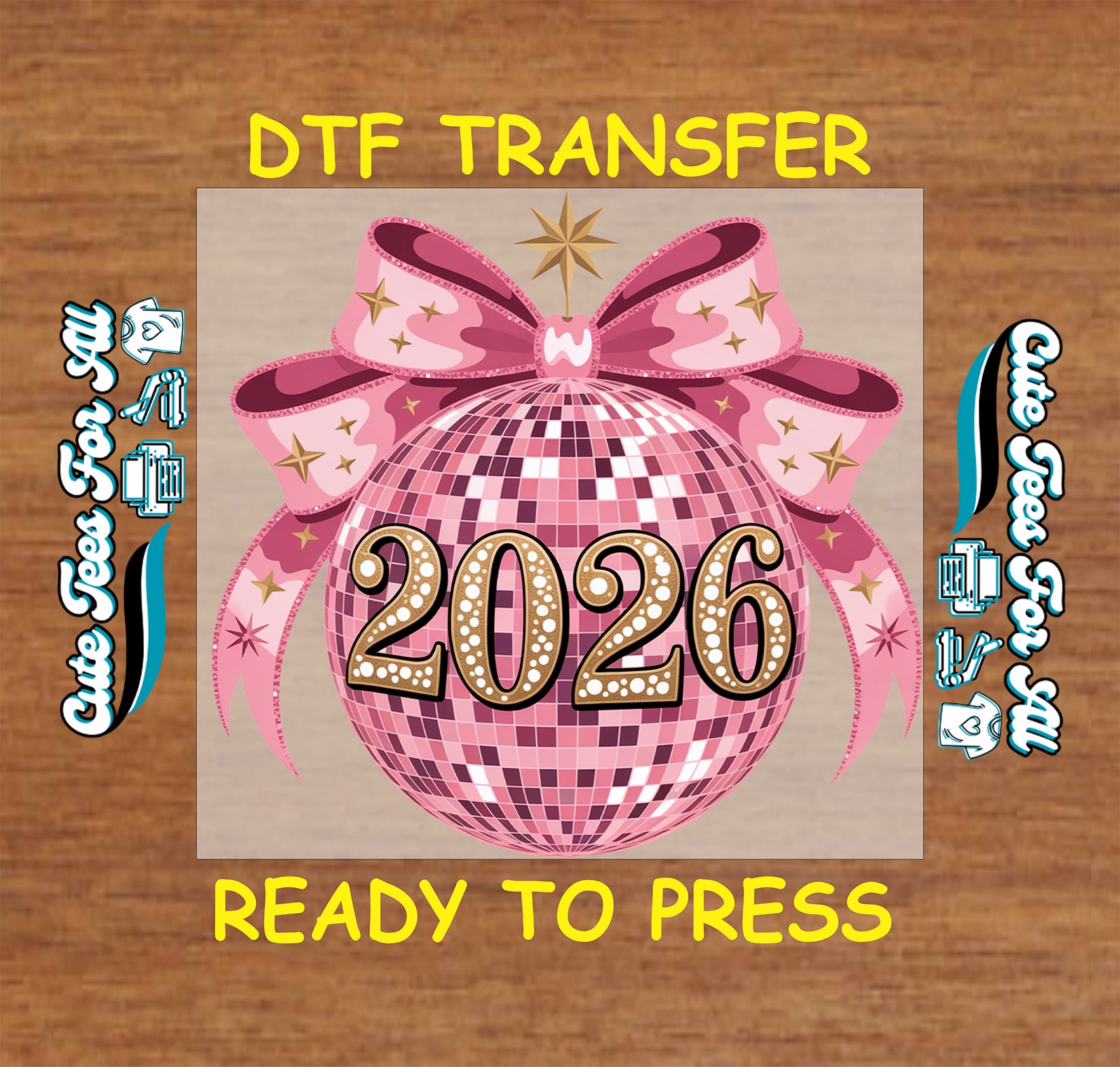 pink disco ball 2026 new year bow ready to press dtf iron on heat transfer