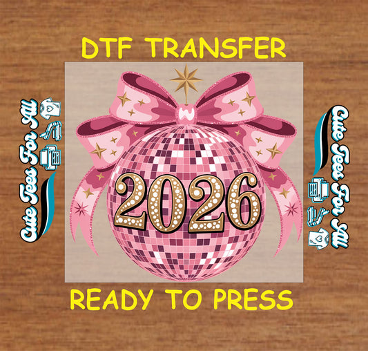 pink disco ball 2026 new year bow ready to press dtf iron on heat transfer
