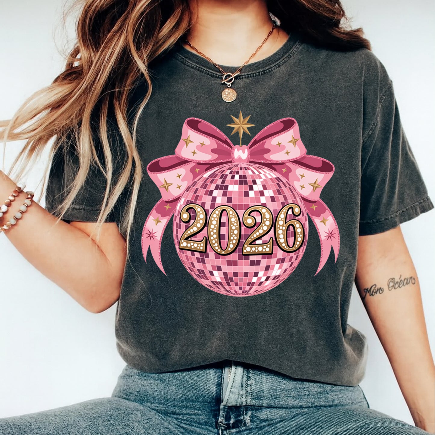 New Year DTF Transfer – Pink Disco Ball Bow 2026 Ready to Press Iron on Heat Transfer DIY New Year Shirts 12375