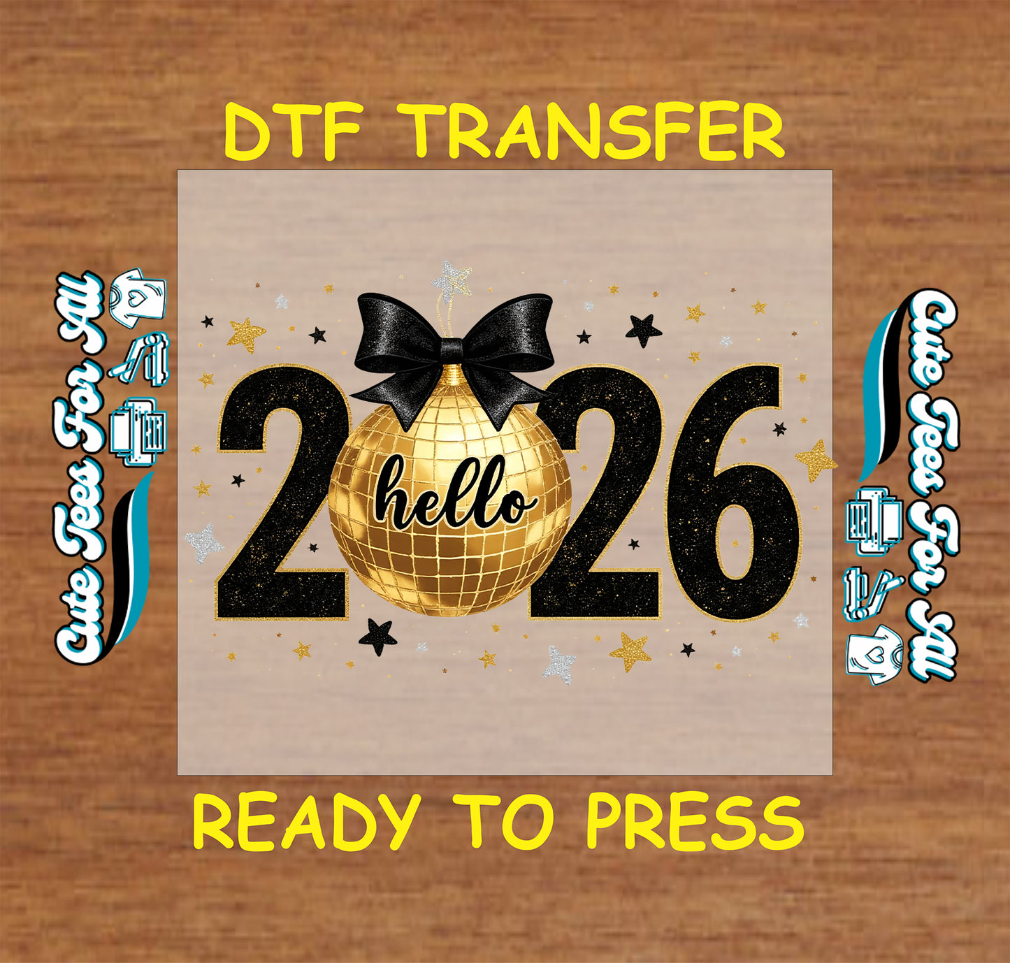hello 2026 gold disco ball with black bow ready to press dtf iron on heat transfer