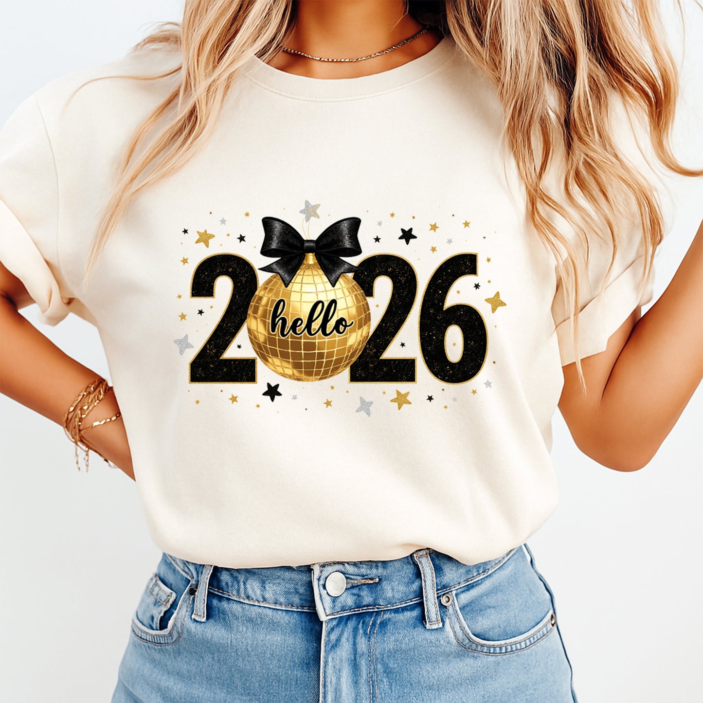 New Year DTF Transfer – Hello 2026 Gold Disco Ball Ready to Press Iron on Heat Transfer DIY New Year Shirts 12376