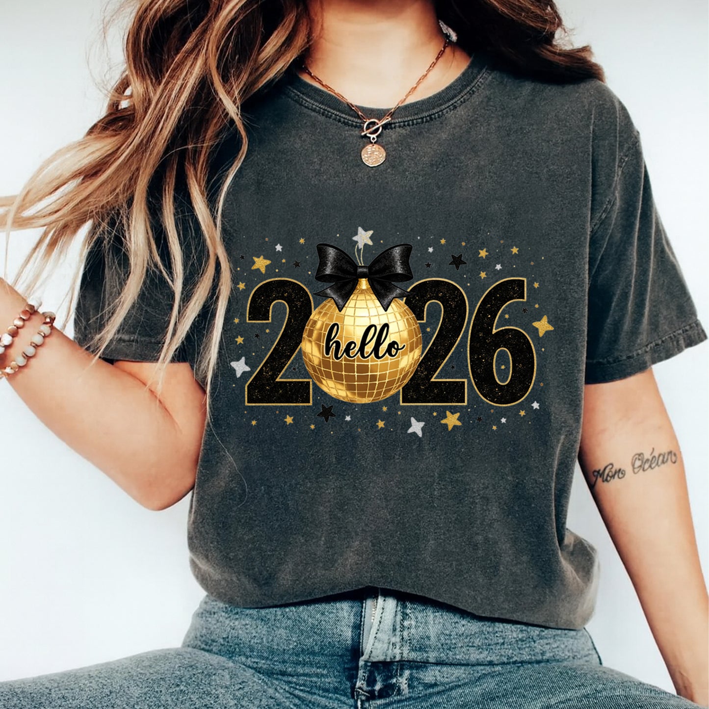 New Year DTF Transfer – Hello 2026 Gold Disco Ball Ready to Press Iron on Heat Transfer DIY New Year Shirts 12376