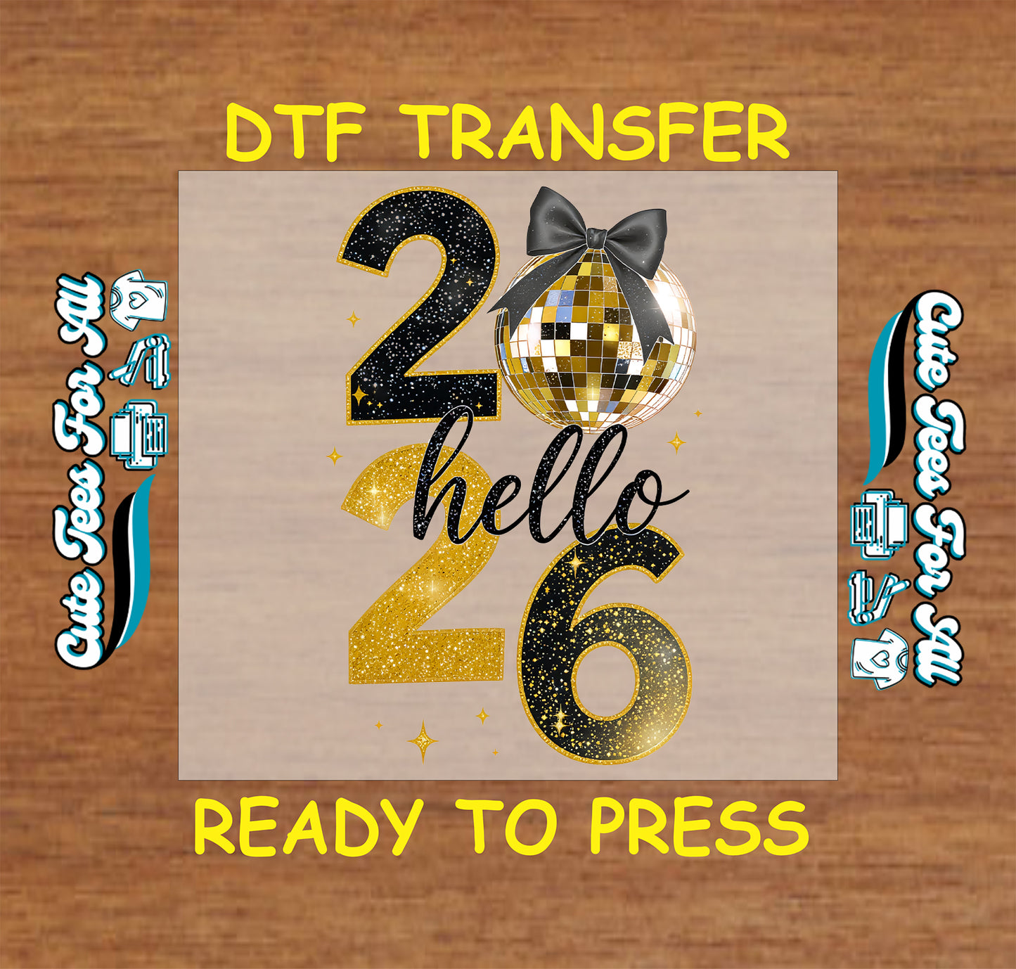 hello 2026 gold glitter disco ball with bow ready to press dtf iron on heat transfer