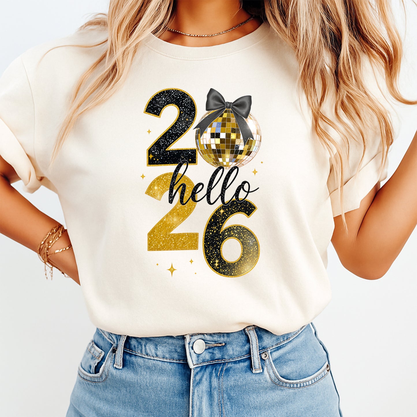 New Year DTF Transfer – Hello 2026 Gold Glitter Disco Ready to Press Iron on Heat Transfer DIY New Year Shirts 12377