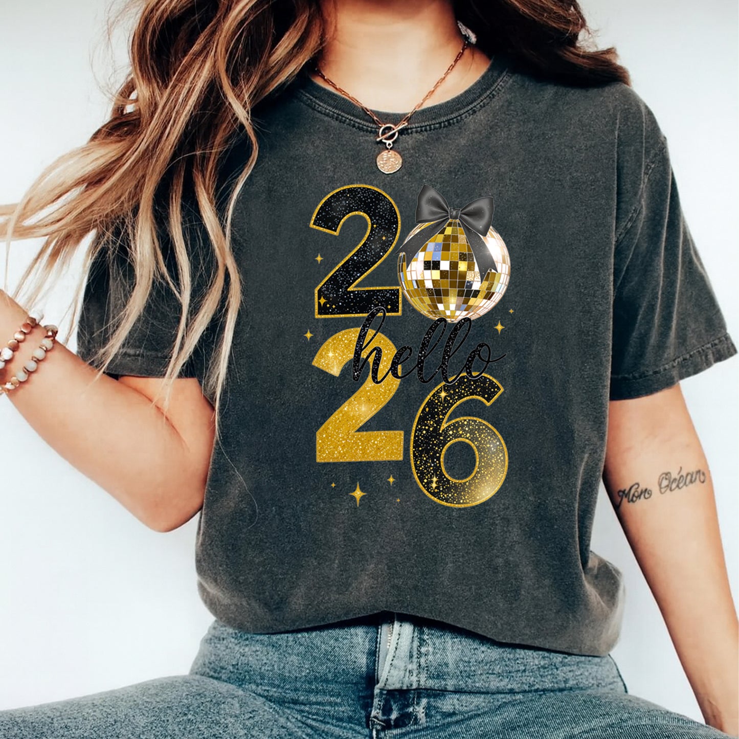 New Year DTF Transfer – Hello 2026 Gold Glitter Disco Ready to Press Iron on Heat Transfer DIY New Year Shirts 12377