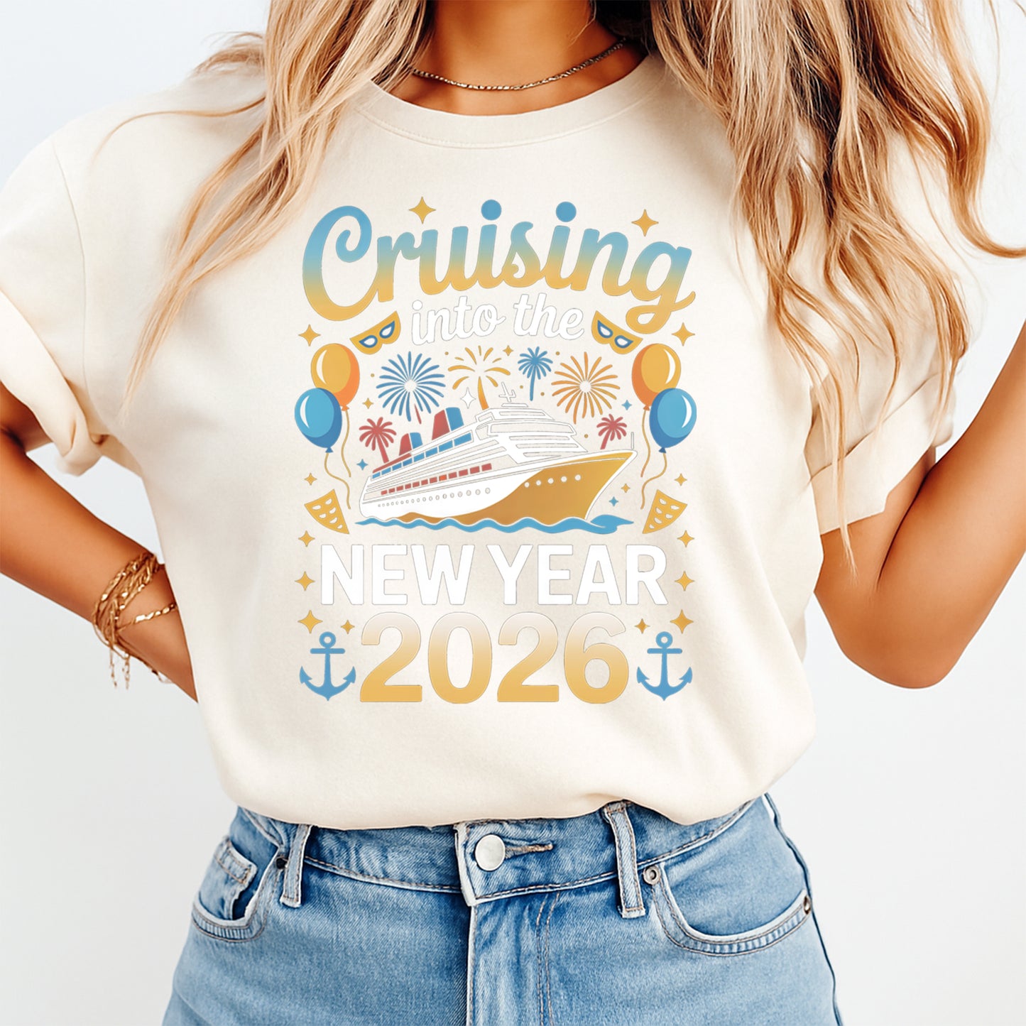 New Year DTF Transfer – Cruising 2026 Ship Fireworks Ready to Press Iron on Heat Transfer DIY New Year Shirts 12378