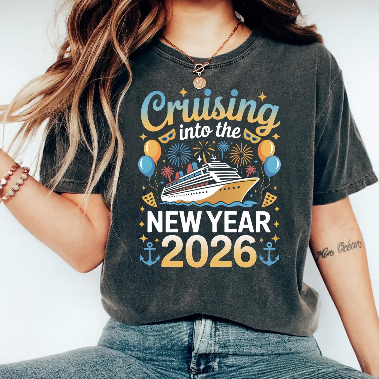 New Year DTF Transfer – Cruising 2026 Ship Fireworks Ready to Press Iron on Heat Transfer DIY New Year Shirts 12378