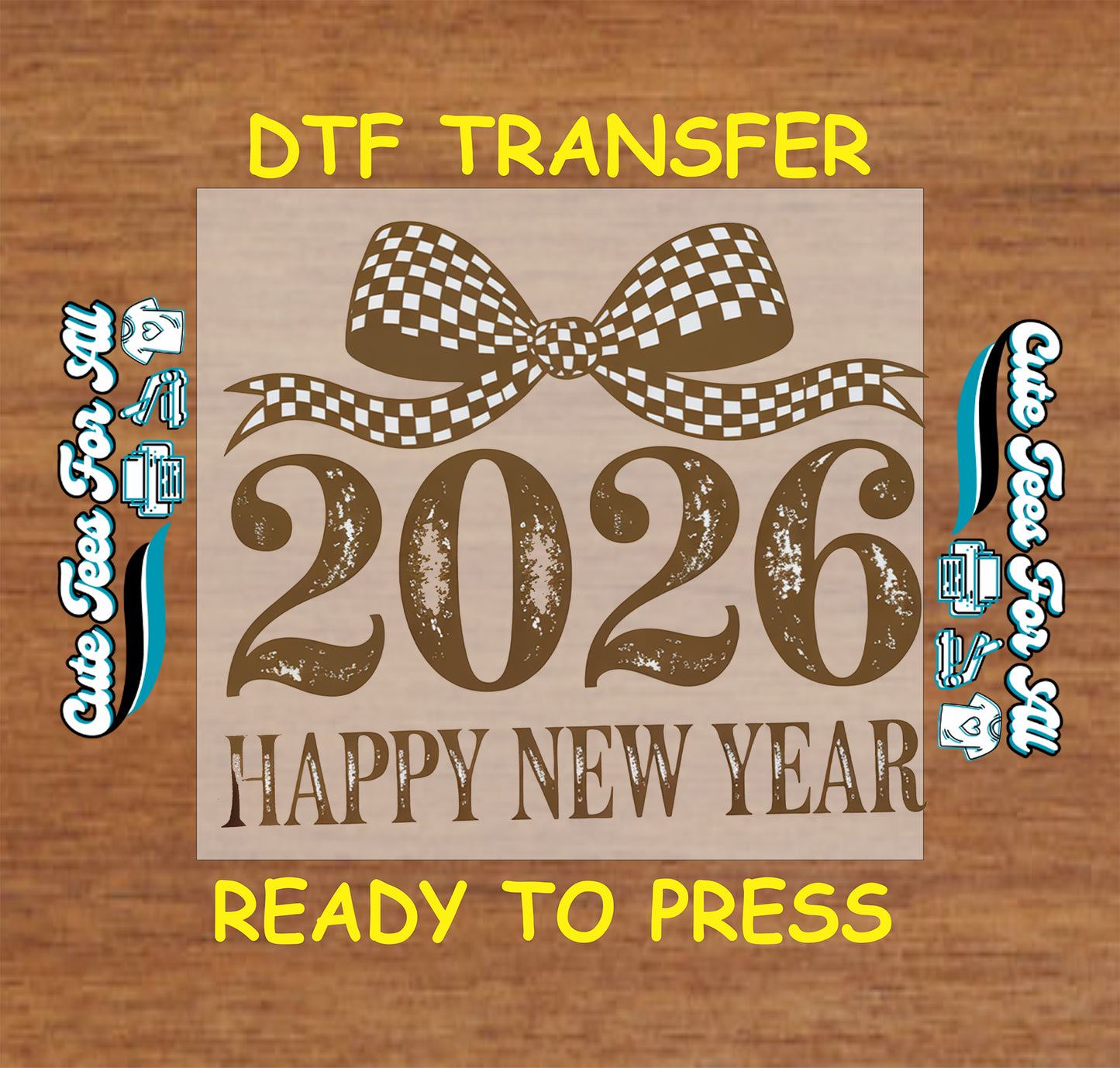 2026 happy new year checkered bow distressed ready to press dtf iron on heat transfer