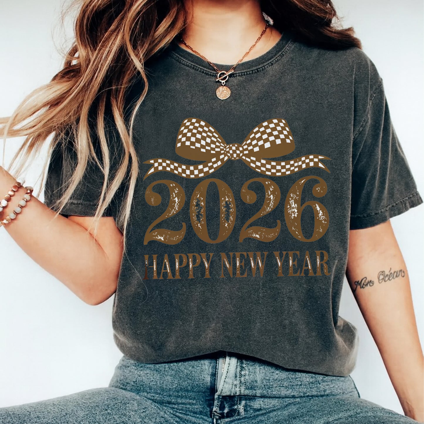 New Year DTF Transfer – 2026 Checkered Bow Happy New Year Ready to Press Iron on Heat Transfer DIY New Year Shirts 12379