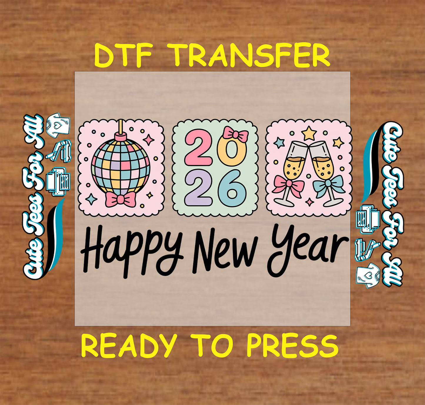 pastel disco ball 2026 champagne bows happy new year ready to press dtf iron on heat transfer