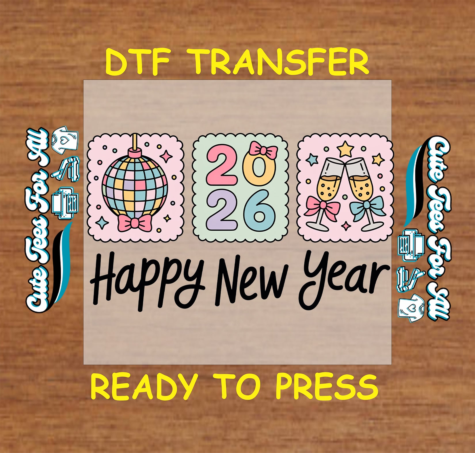pastel disco ball 2026 champagne bows happy new year ready to press dtf iron on heat transfer