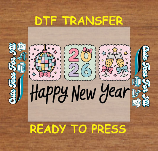 pastel disco ball 2026 champagne bows happy new year ready to press dtf iron on heat transfer