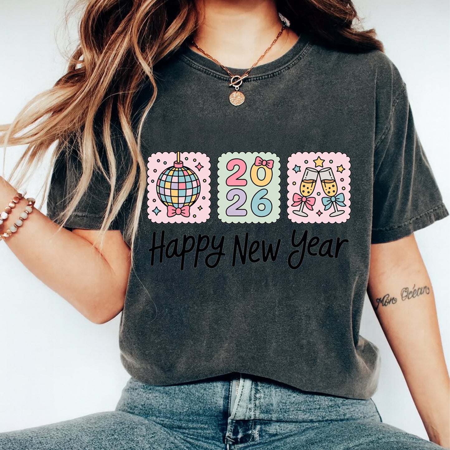 New Year DTF Transfer – Pastel Disco 2026 Champagne Bow Ready to Press Iron on Heat Transfer DIY New Year Shirts 12380