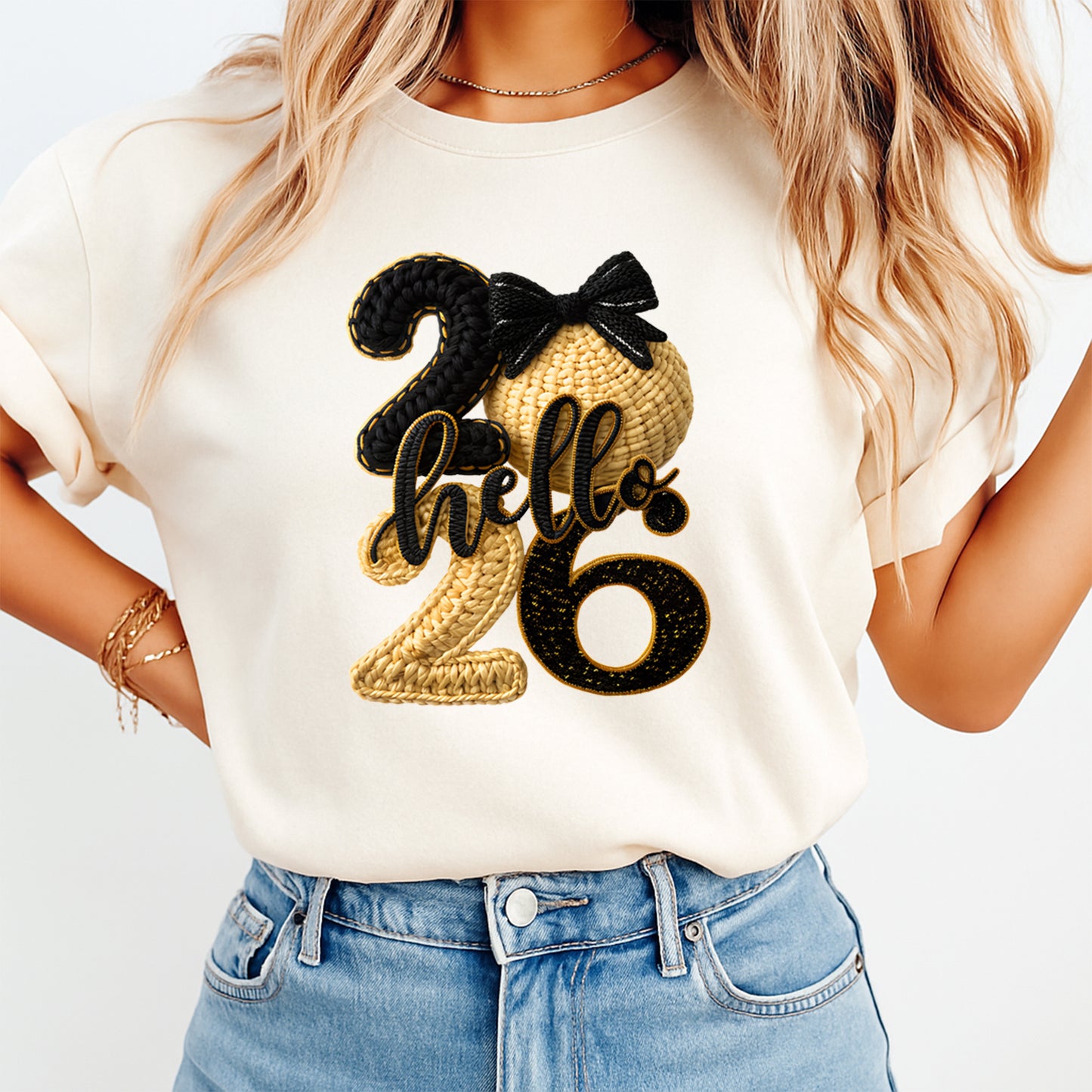 New Year DTF Transfer – Hello 2026 Woven Texture Bow Ready to Press Iron on Heat Transfer DIY New Year Shirts 12381