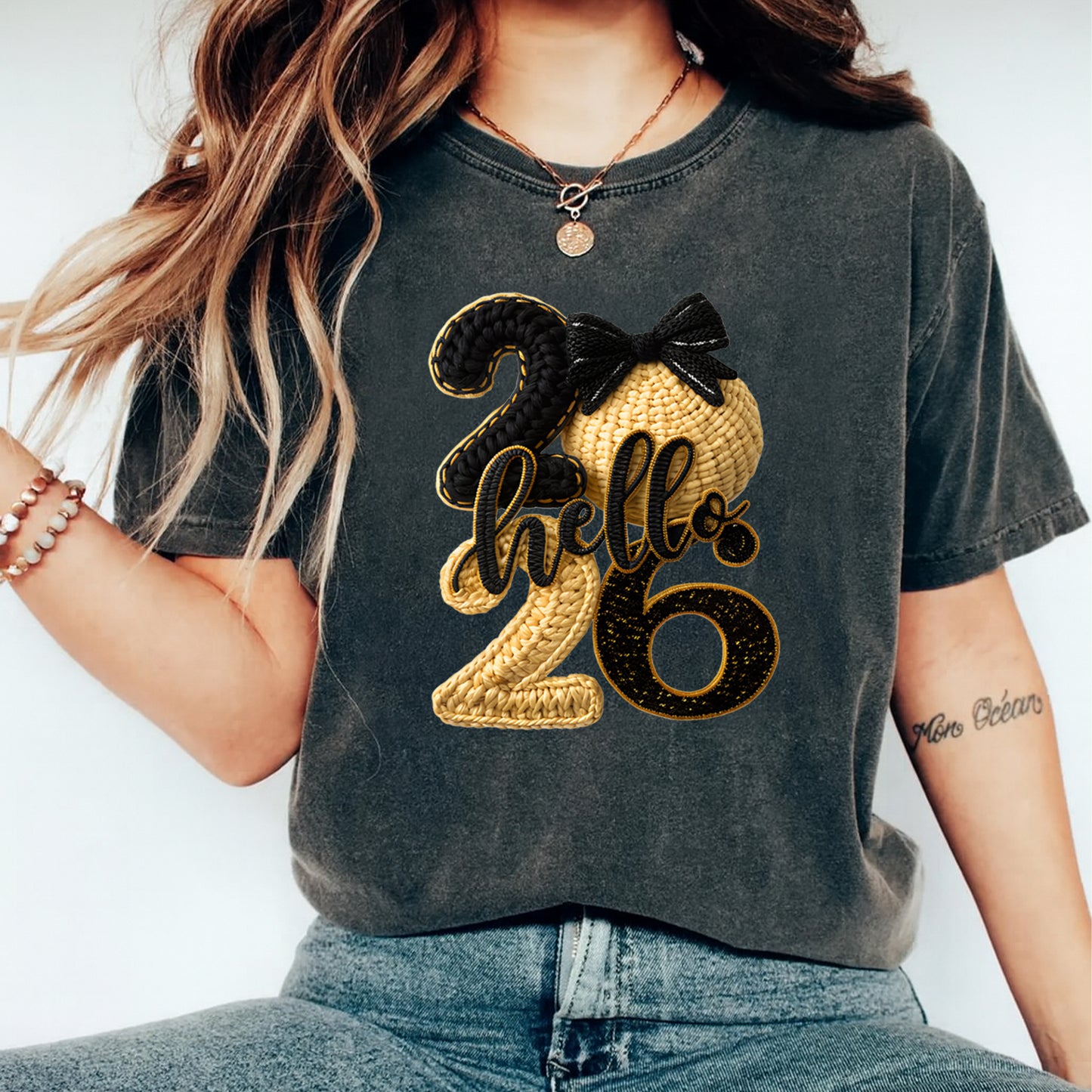 New Year DTF Transfer – Hello 2026 Woven Texture Bow Ready to Press Iron on Heat Transfer DIY New Year Shirts 12381