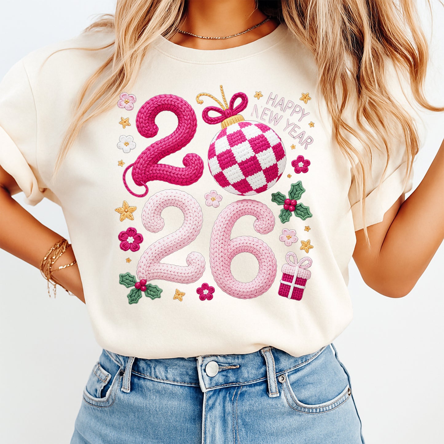 New Year DTF Transfer – Knit Texture 2026 Ornament Holly Ready to Press Iron on Heat Transfer DIY New Year Shirts 12383