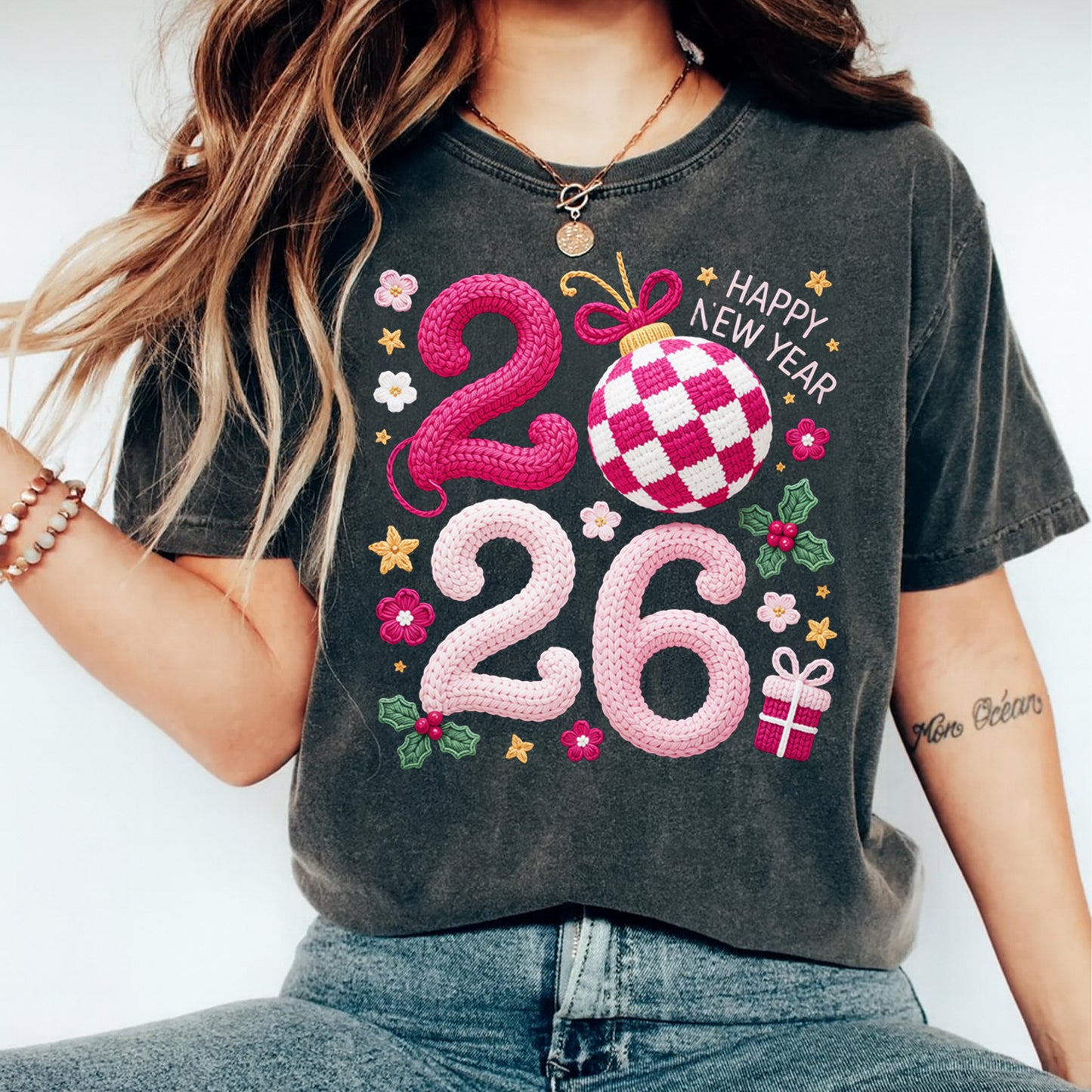 New Year DTF Transfer – Knit Texture 2026 Ornament Holly Ready to Press Iron on Heat Transfer DIY New Year Shirts 12383