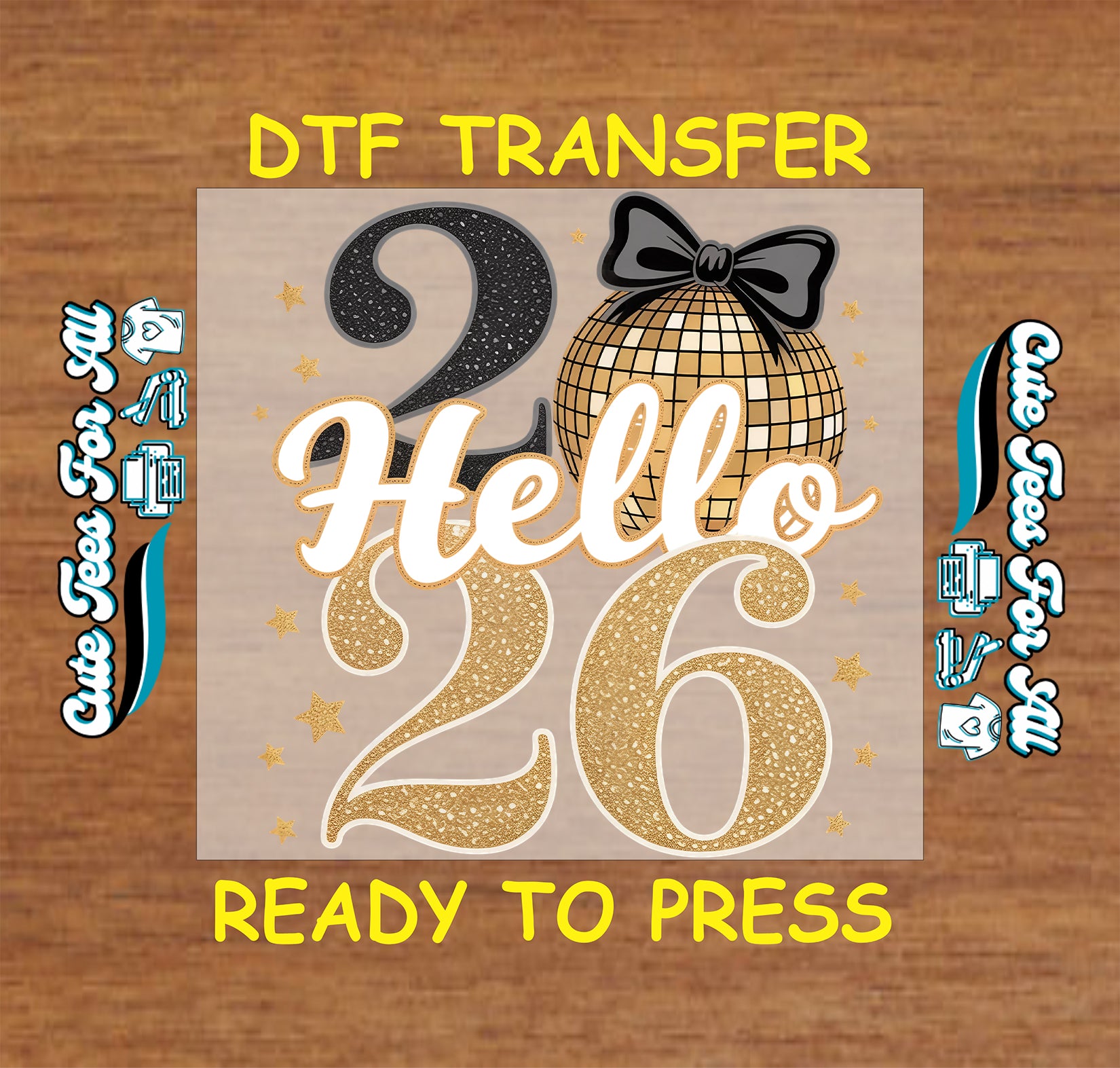 hello 2026 gold disco ball with bow glitter numbers ready to press dtf iron on heat transfer