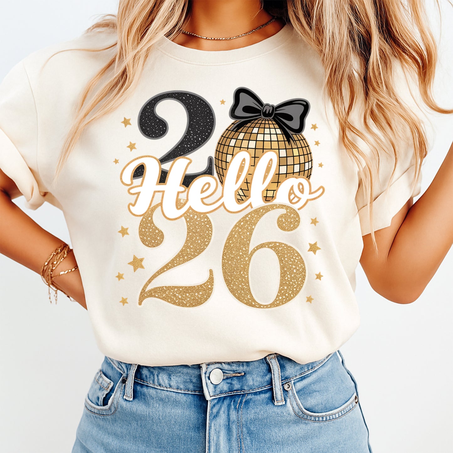 New Year DTF Transfer – Hello 2026 Gold Disco Bow Ready to Press Iron on Heat Transfer DIY New Year Shirts 12384