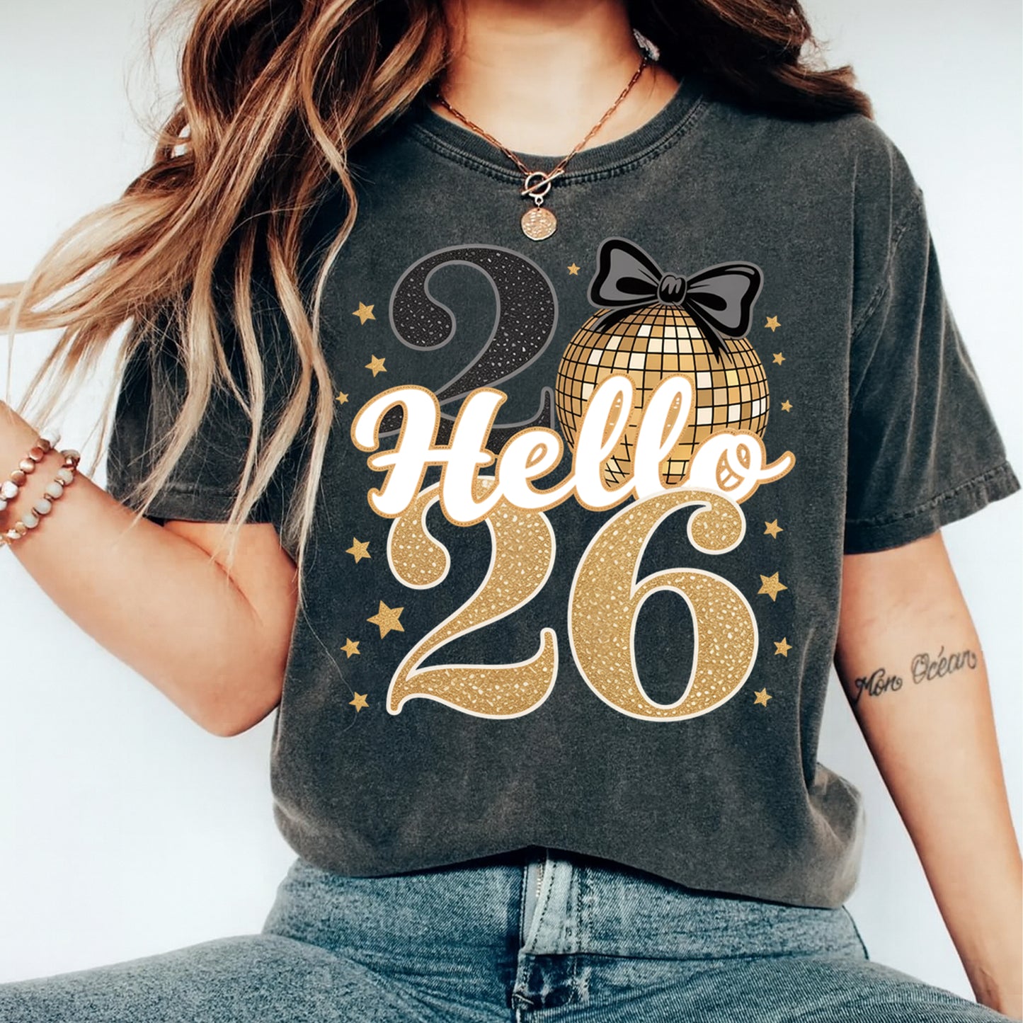 New Year DTF Transfer – Hello 2026 Gold Disco Bow Ready to Press Iron on Heat Transfer DIY New Year Shirts 12384