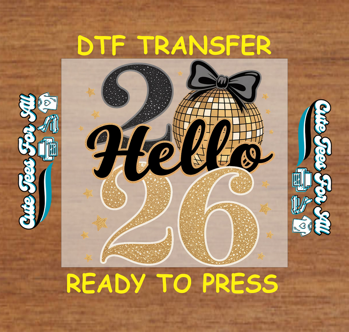 hello 2026 gold glitter disco ball with bow ready to press dtf iron on heat transfer
