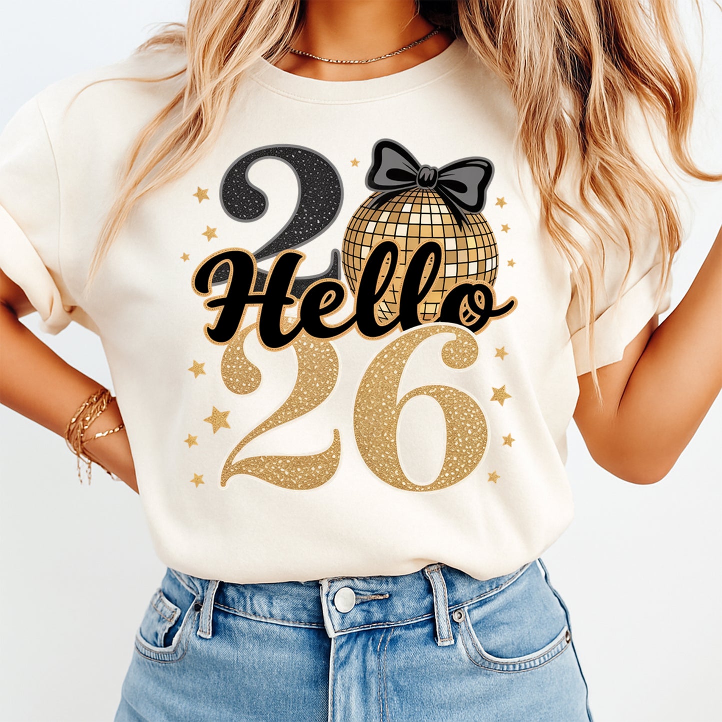 New Year DTF Transfer – Hello 2026 Gold Glitter Disco Bow Ready to Press Iron on Heat Transfer DIY New Year Shirts 12385