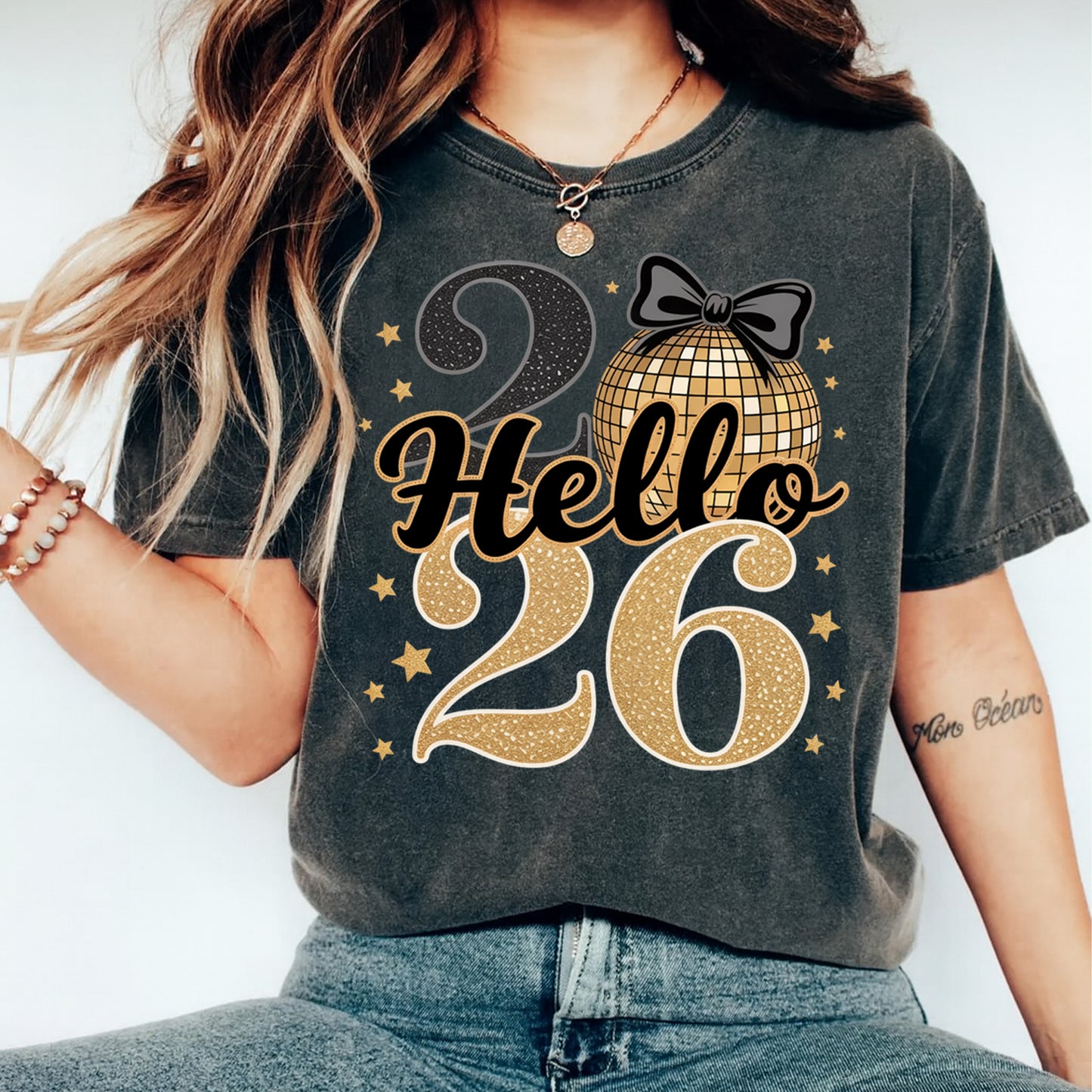 New Year DTF Transfer – Hello 2026 Gold Glitter Disco Bow Ready to Press Iron on Heat Transfer DIY New Year Shirts 12385
