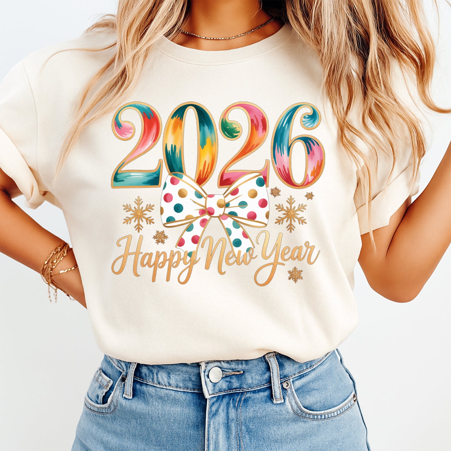 New Year DTF Transfer – Colorful 2026 Bow Snowflakes Ready to Press Iron on Heat Transfer DIY New Year Shirts 12386
