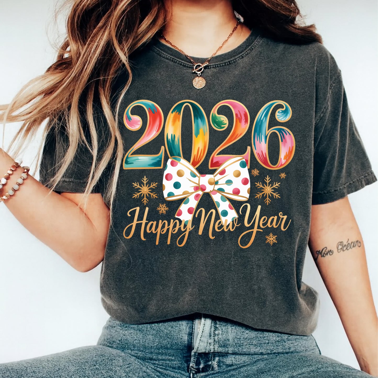 New Year DTF Transfer – Colorful 2026 Bow Snowflakes Ready to Press Iron on Heat Transfer DIY New Year Shirts 12386