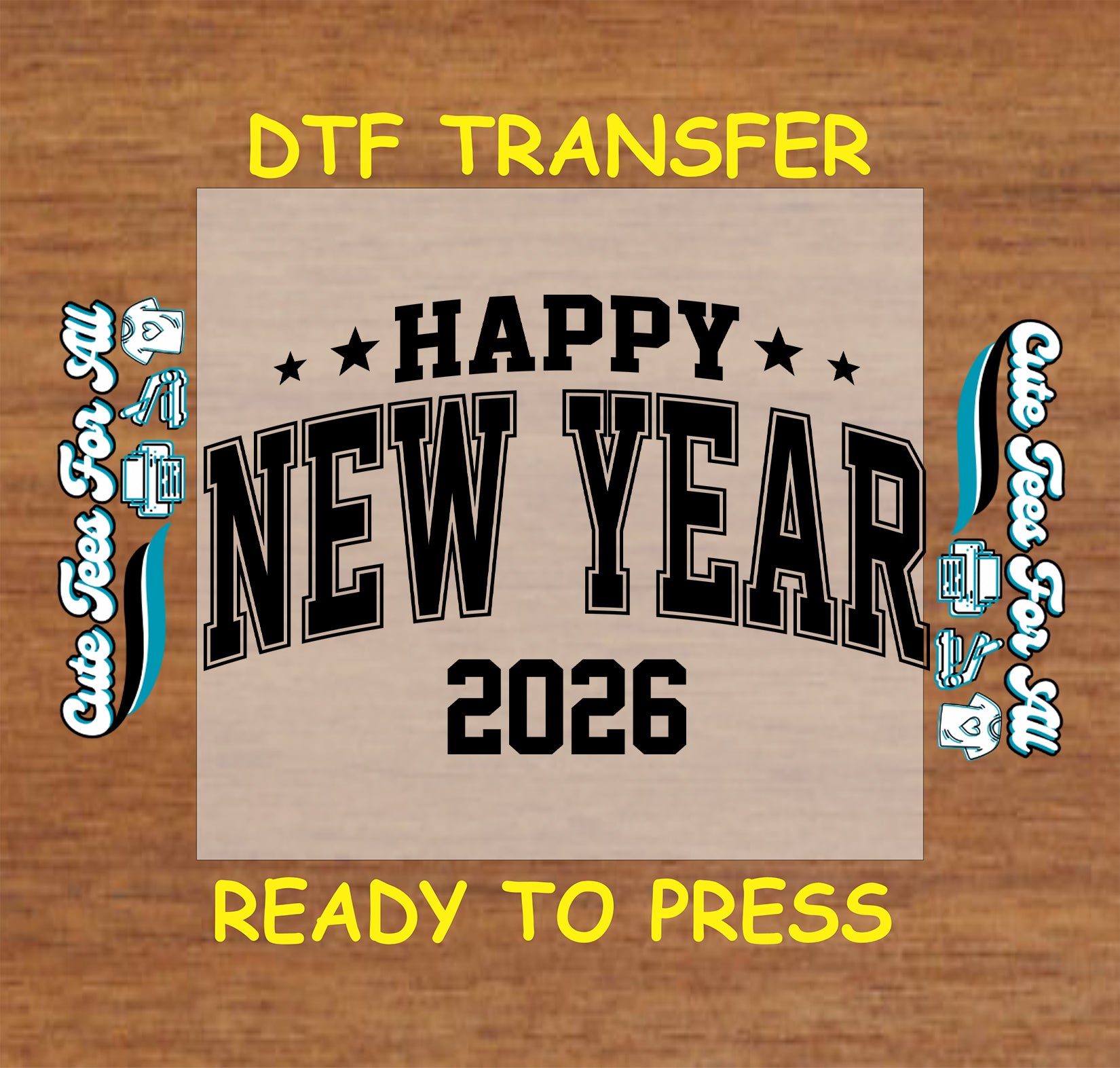 happy new year 2026 collegiate block font stars ready to press dtf iron on heat transfer