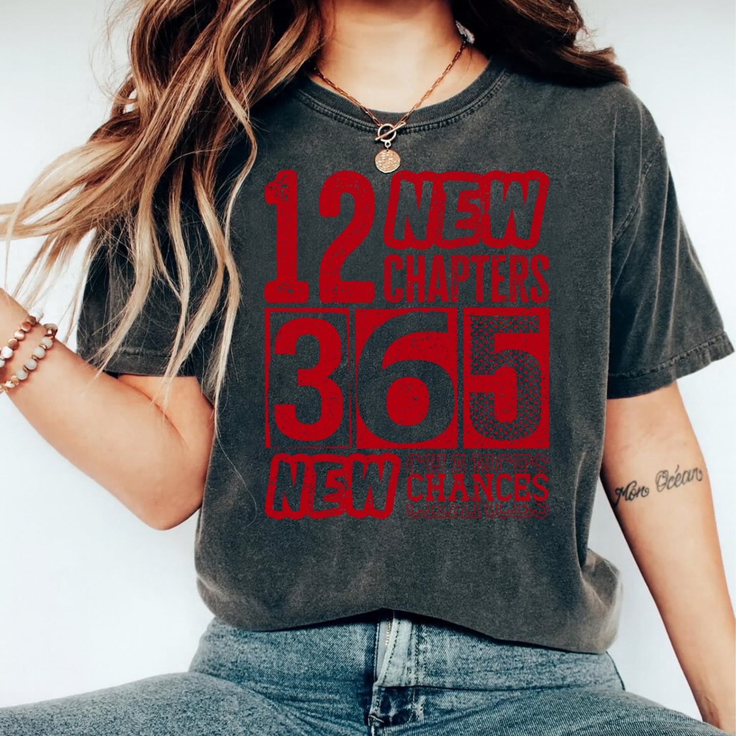 New Year DTF Transfer – 12 Chapters 365 New Chances Distressed Ready to Press Iron on Heat Transfer DIY New Year Shirts 12388