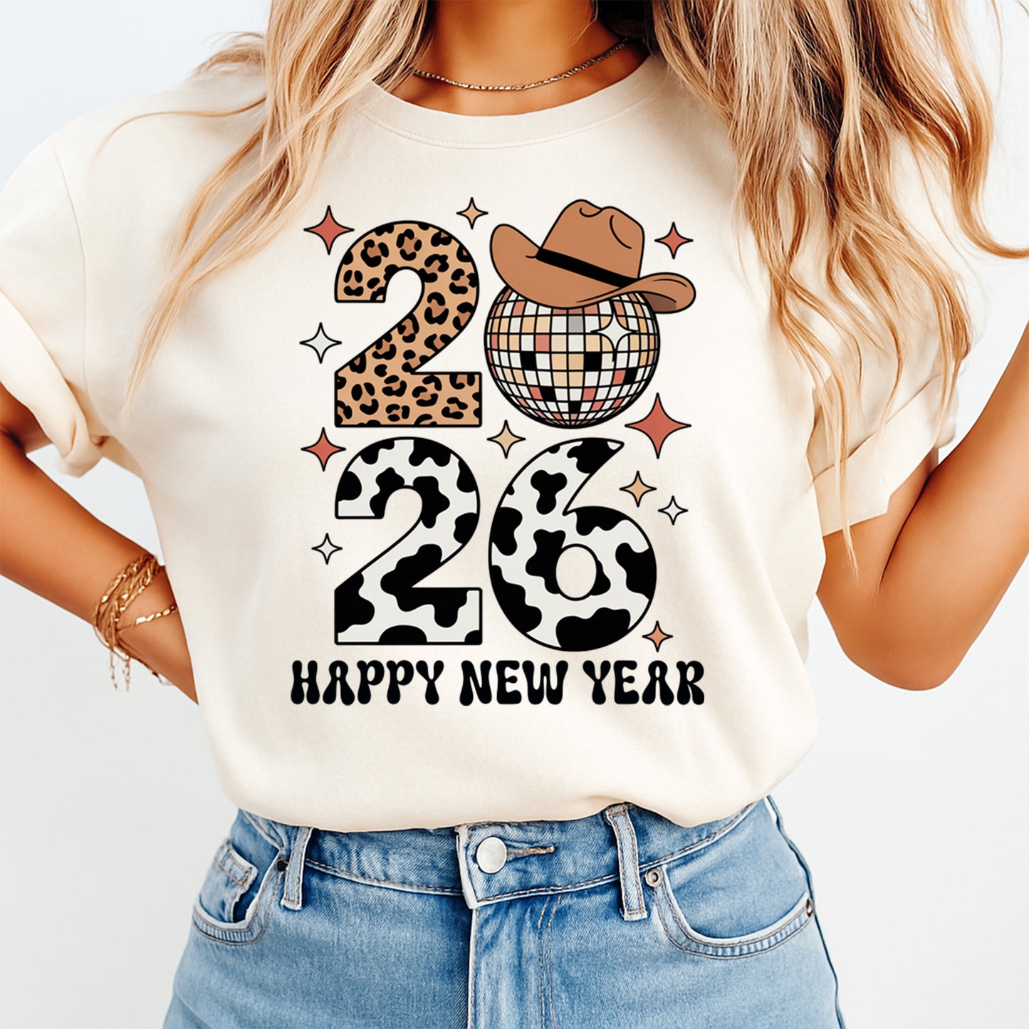 New Year DTF Transfer – Western 2026 Leopard Cowprint Disco Ready to Press Iron on Heat Transfer DIY New Year Shirts 12389