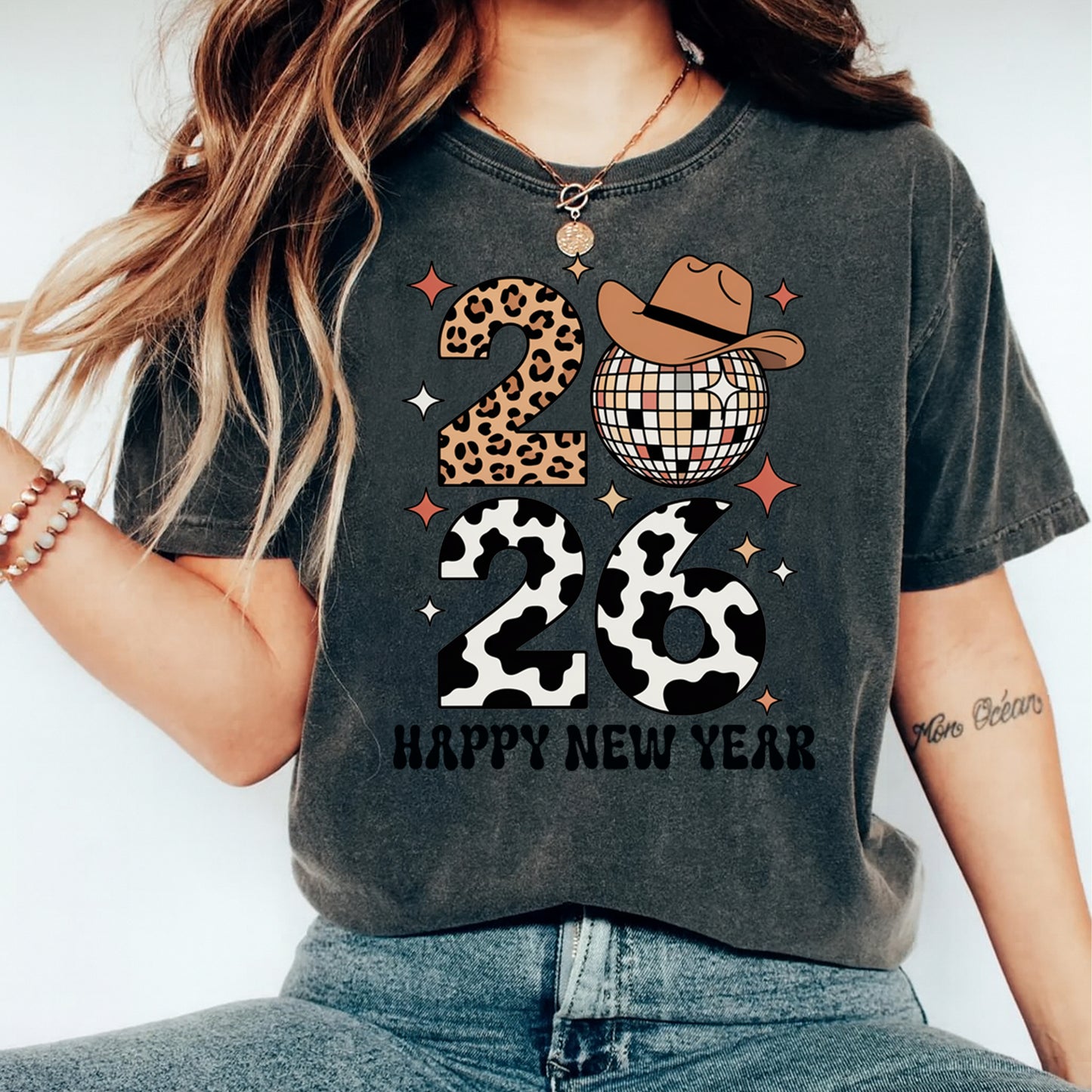 New Year DTF Transfer – Western 2026 Leopard Cowprint Disco Ready to Press Iron on Heat Transfer DIY New Year Shirts 12389