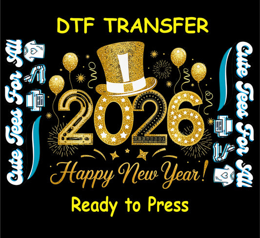gold glitter 2026 top hat fireworks balloons sparkle ready to press dtf iron on heat transfer