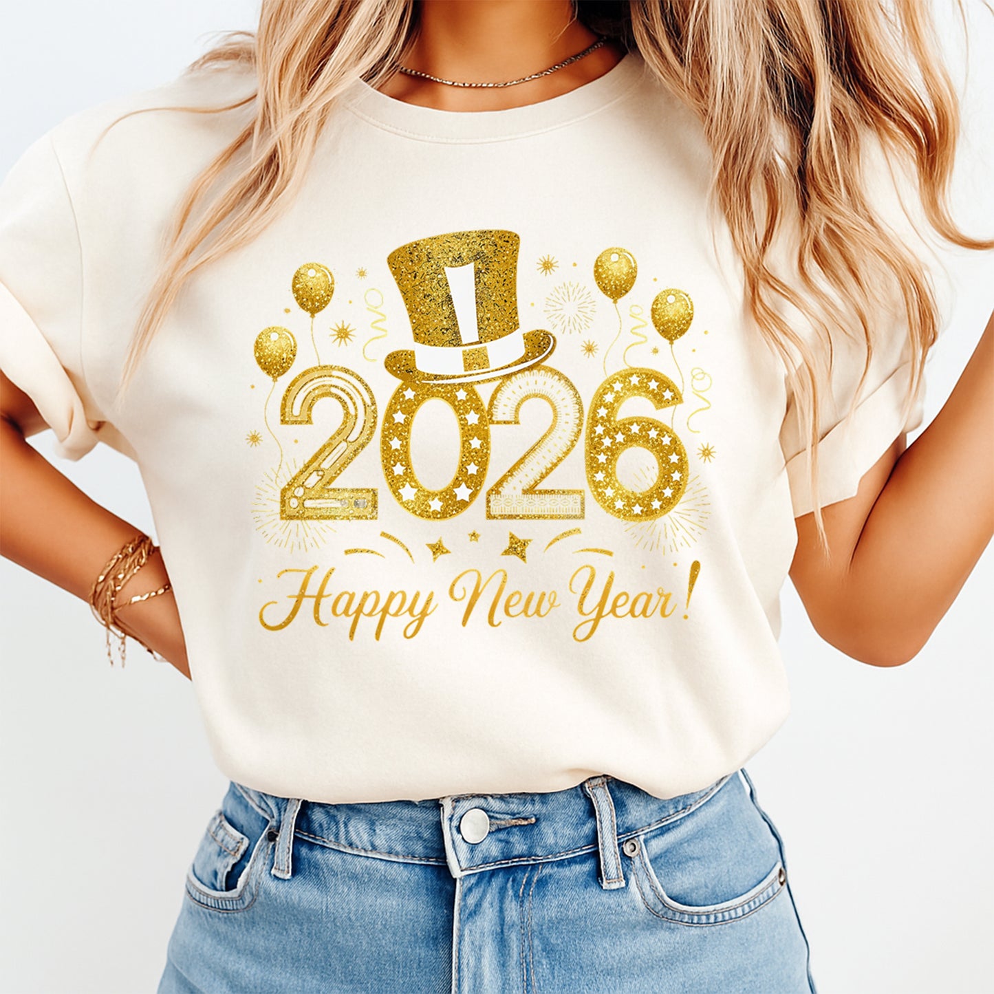 New Year DTF Transfer – Glitter 2026 Top Hat Party Sparkle Ready to Press Iron on Heat Transfer DIY New Year Shirts 12390