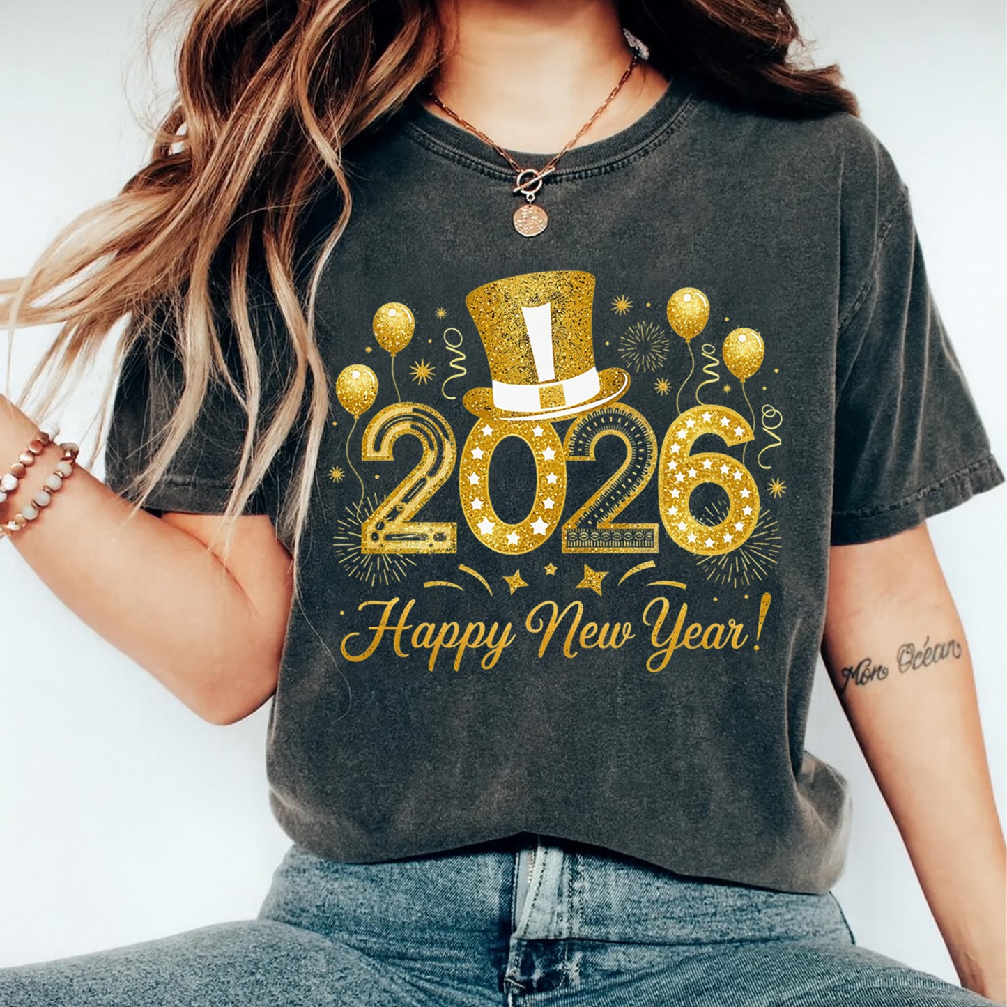 New Year DTF Transfer – Glitter 2026 Top Hat Party Sparkle Ready to Press Iron on Heat Transfer DIY New Year Shirts 12390