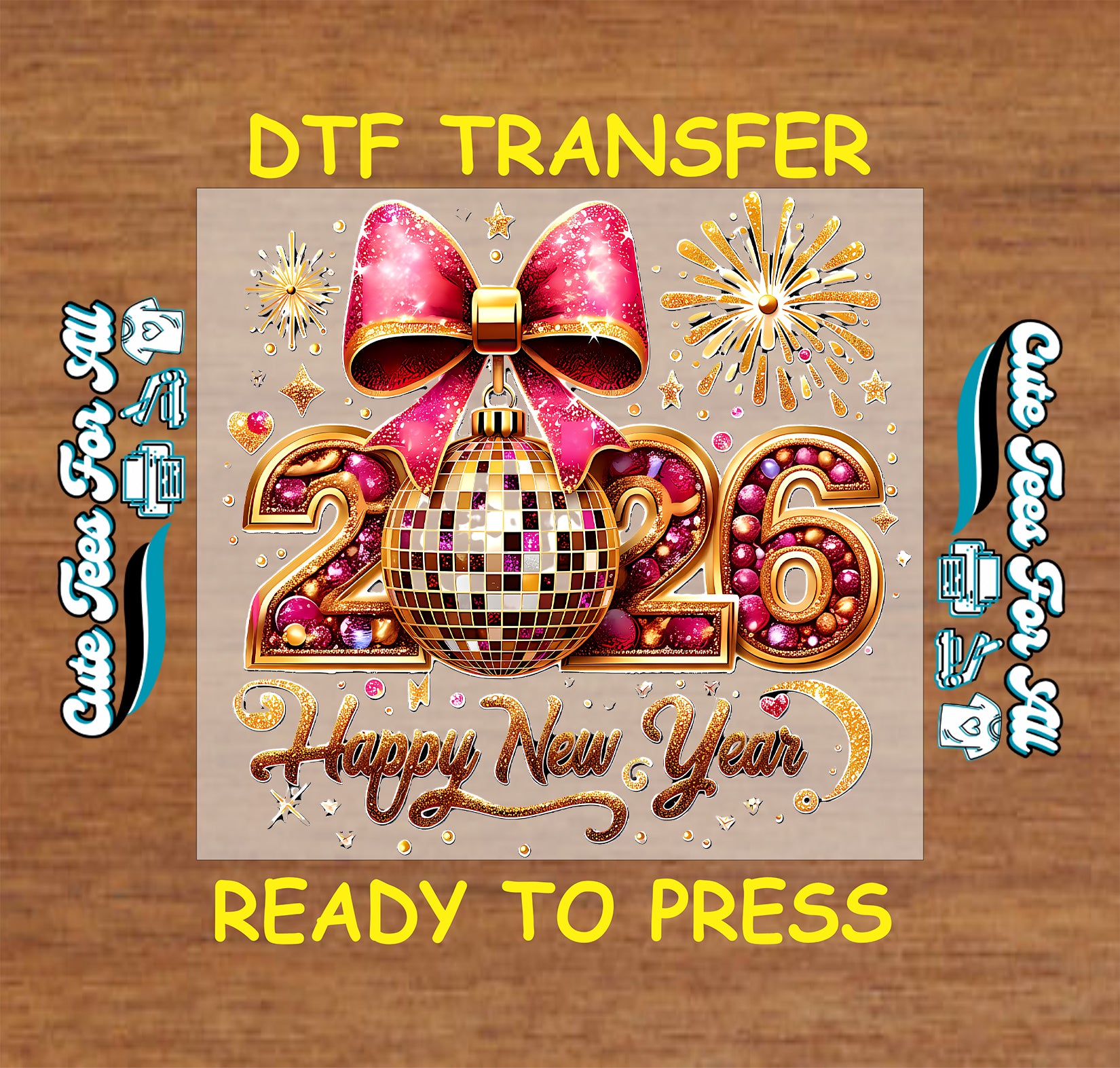 glam 2026 disco ball pink bow sparkle ready to press dtf iron on heat transfer