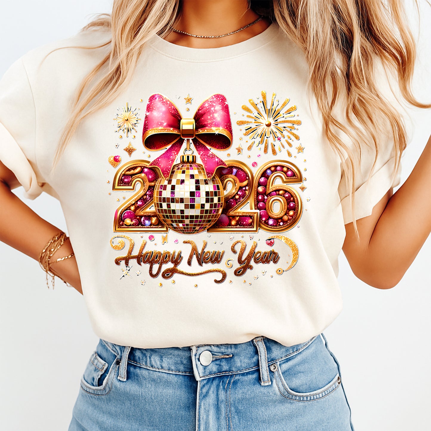 New Year DTF Transfer – Glam Disco Ball Pink Bow Sparkle Ready to Press Iron on Heat Transfer DIY New Year Shirts 12392
