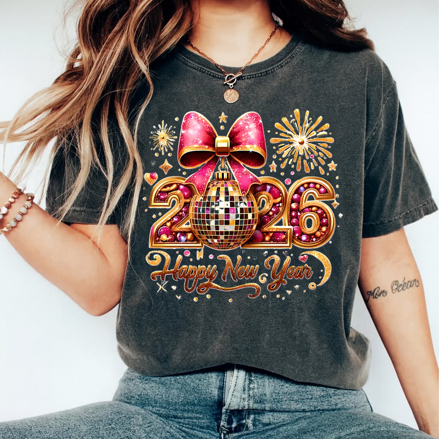 New Year DTF Transfer – Glam Disco Ball Pink Bow Sparkle Ready to Press Iron on Heat Transfer DIY New Year Shirts 12392